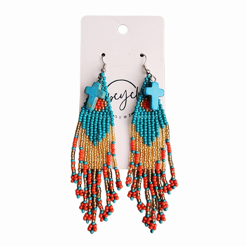 Turquoise and Red Beaded Cross Earrings